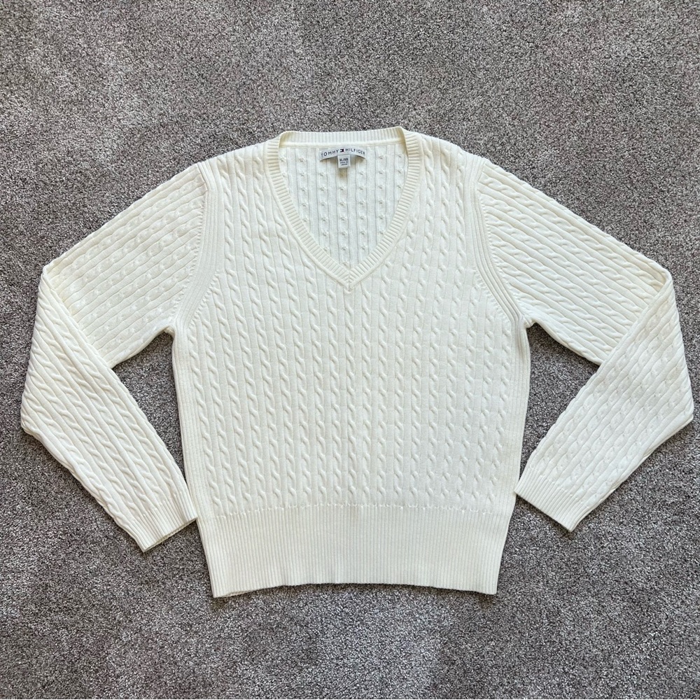 Tommy Hilfiger Classic, Preppy Cream V-neck Cotton-blend Cable Knit Sweater, XL